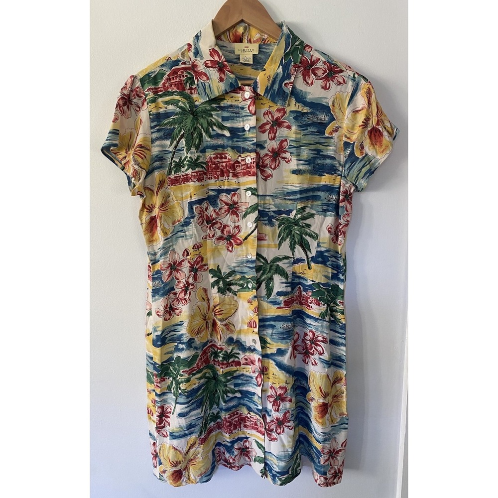 Vintage 90s Limited America Tea Timer T Shirt Dress Tropical L Rayon Tiki Cabana